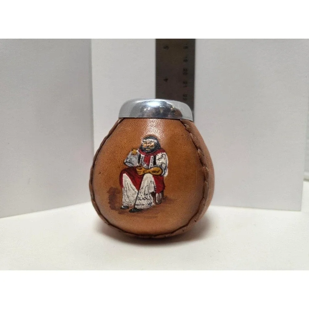 Vintage leather-wrapped mate gourd Argentina pencil‎ cup souvenir flower vase